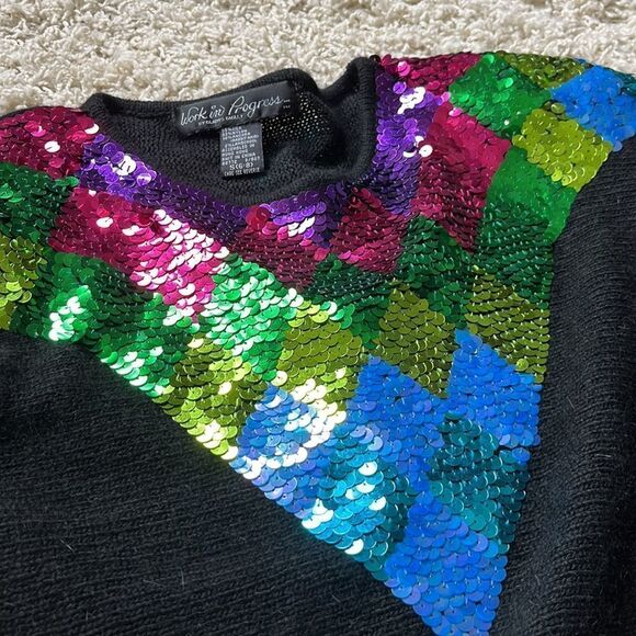 Vintage 90s Black Angora Blend Sequin Pullover Sweater Shoulder Pads Size S - Picture 13 of 14